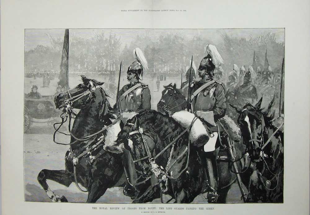 Old Antique Print 1882 Royal Review Troops Egypt Life Guards Queen Art 19th