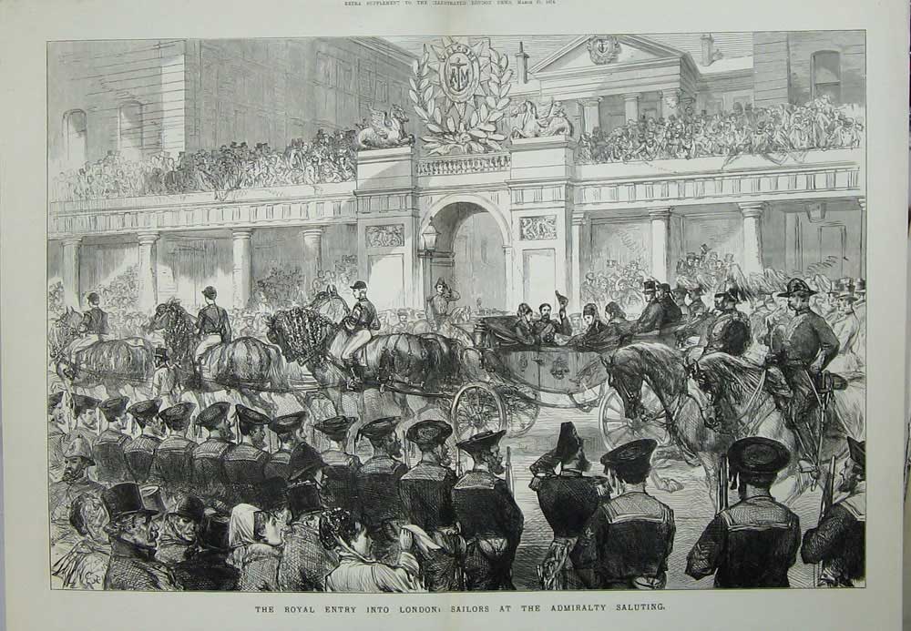 Original Old Antique Print 1874 Royal Entry London Sailors Admiralty Saluting
