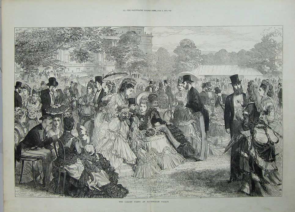Original Old Antique Print Garden Party Buckingham Palace London 1871 People