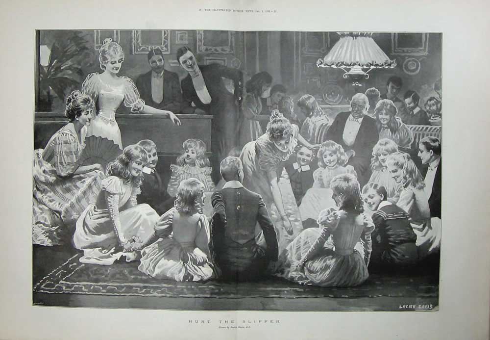 Old Antique Print 1899 Family Party Games Hunt The Slipper Children Art 19th