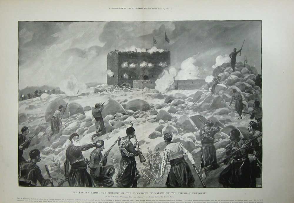 Old Antique Print War 1897 Storming Blockhouse Malaxa Insurgents Siers 19th