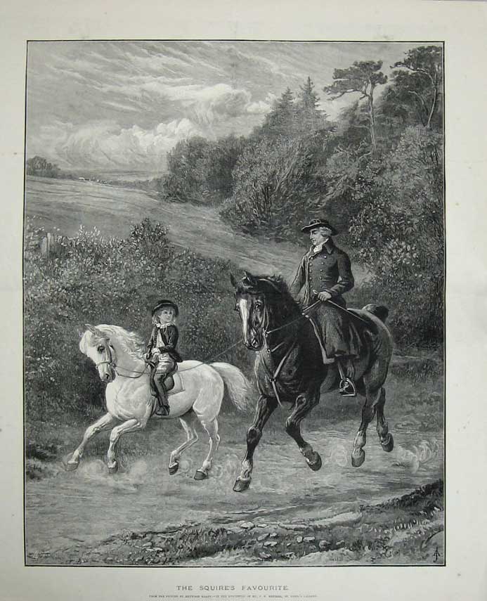 Old Antique Print Country Scene Man Horses Little Boy Squire Trees Art 18th