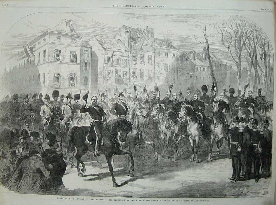 Original Old Antique Print 1865 King LeopBrussels Laeken Gate Horses Royalty