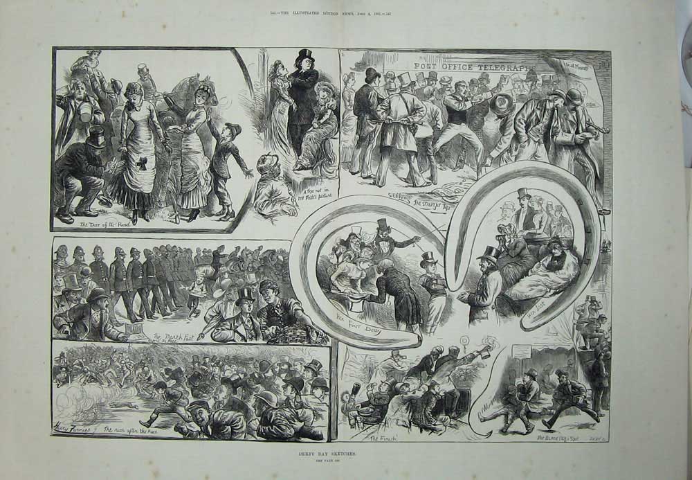 Old Antique Print 1881 Derby Day Sport Post Office Frith People Betting 19th