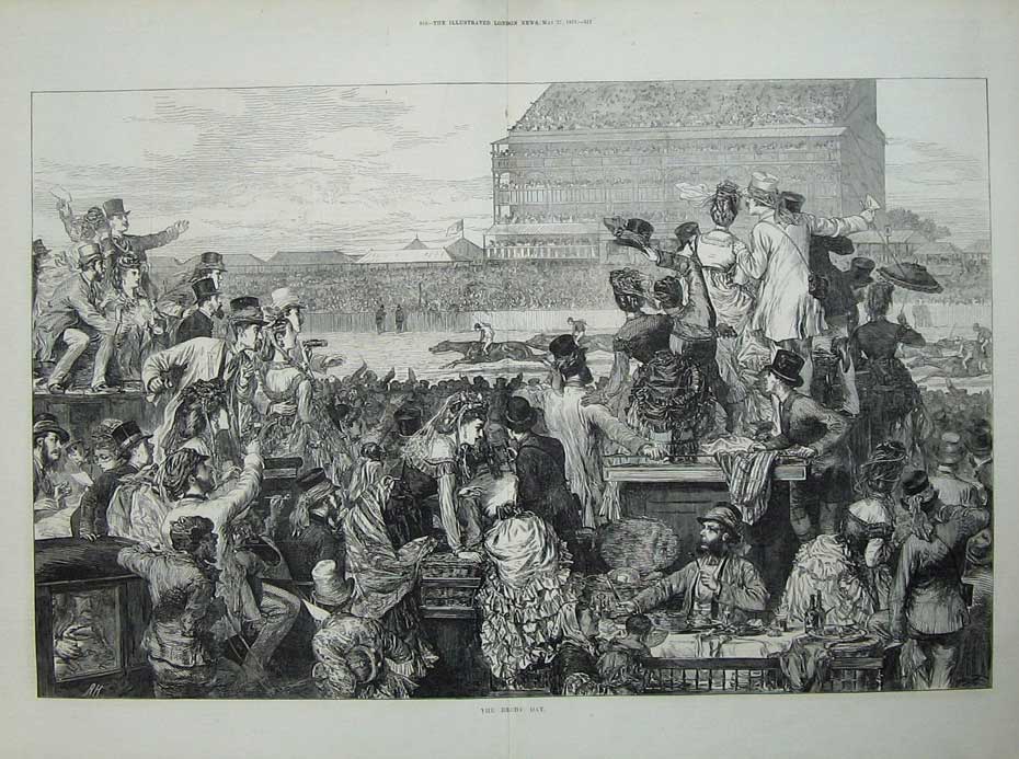 Old Antique Print 1871 Derby Day Horse Racing Sport Grand Stand People 19th