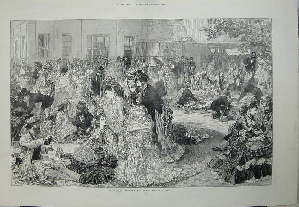 Original Old Antique Print Ascot Races Sport 1872 Luncheon Grand Stand People
