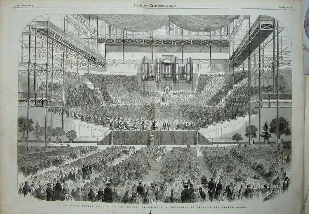 Original Old Antique Print 1857 Handel Festival Concert Music Crystal Palace