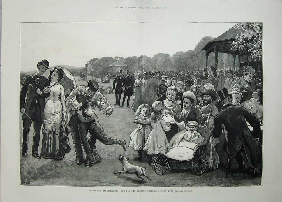 Old Antique Print Music Refreshments 1880 Band Regent'S Park London Dog 19th