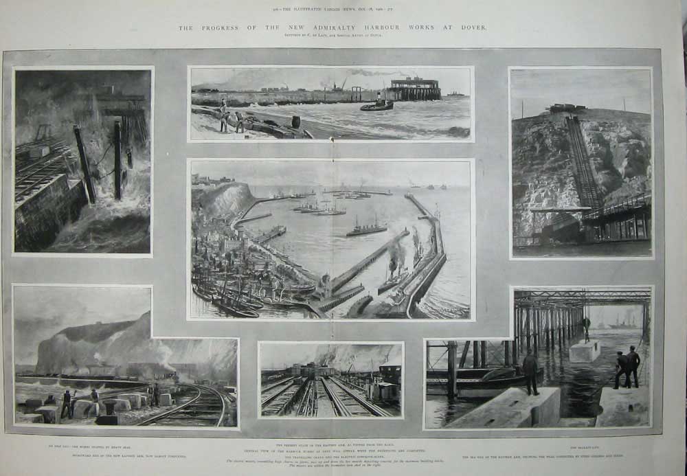 Old Antique Print 1902 Admiralty Harbour Dover Crane Railway Mixers Sea 20th