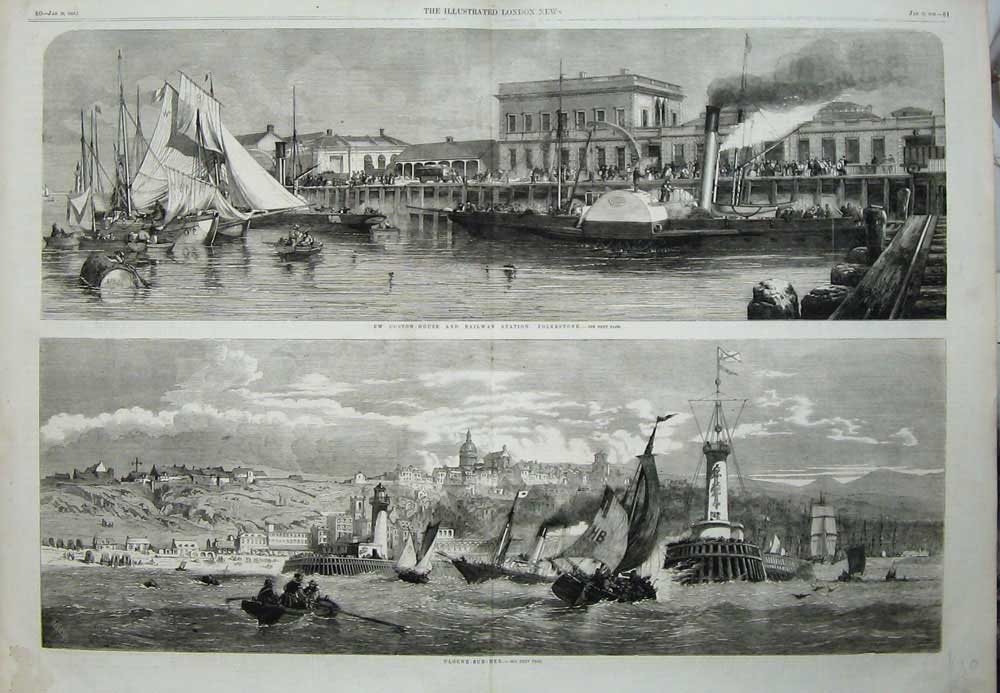 Antique Old Print Boulogne-Sur-Mer 1859 Custom Railway Station Folkestone 19th