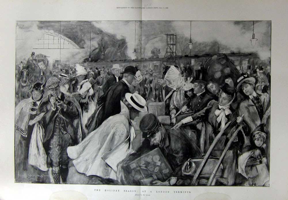 Old Antique Print 1900 Holiday Season London Terminus Train Station Art 20th