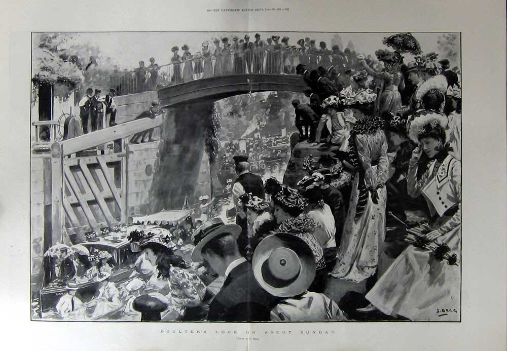 Old Antique Print 1901 Boulter'S Canal Lock Ascot Sunday Horse Sport Art 20th