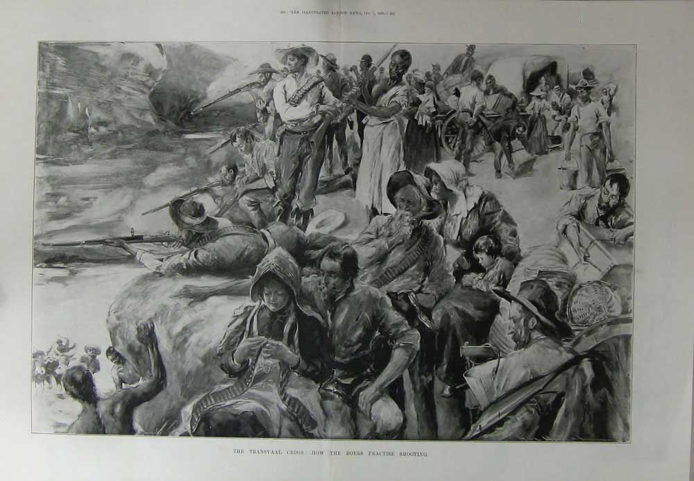 Original Old Antique Print 1899 Transvaal War Boers Practise Shooting Rifles