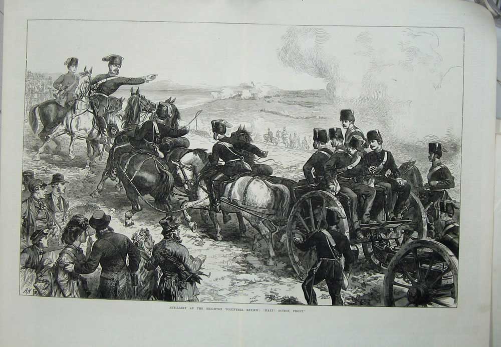 Original Old Antique Print 1871 Artillery Brighton Ta Volunteer Review Siers