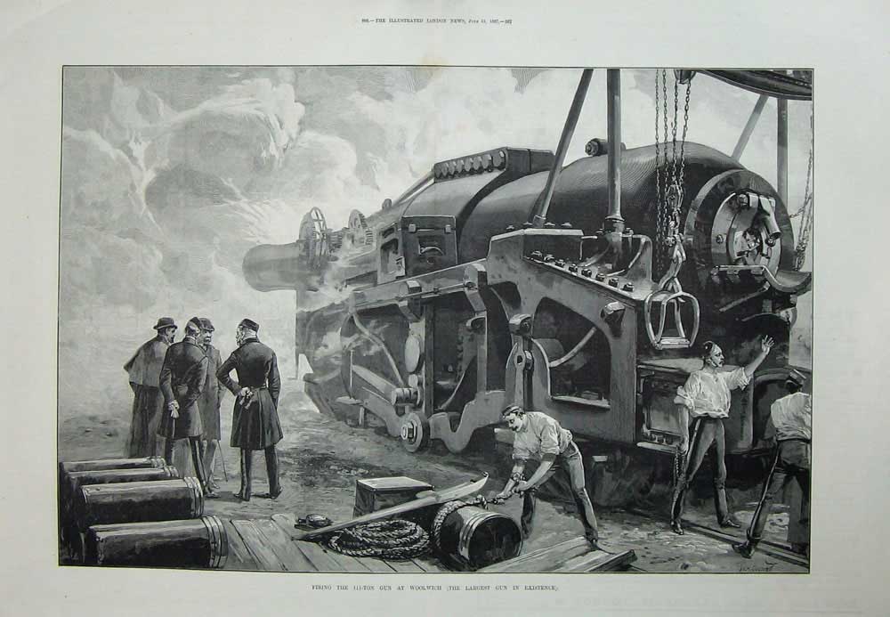 Old Antique Print 1887 Firing 111-Ton Gun Woolwich War Overend Fine Art 19th