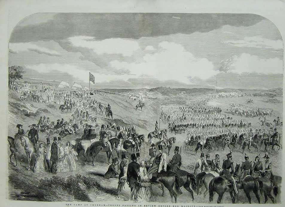Original Old Antique Print 1853 Camp Cobham Troops Majesty Queen War Siers