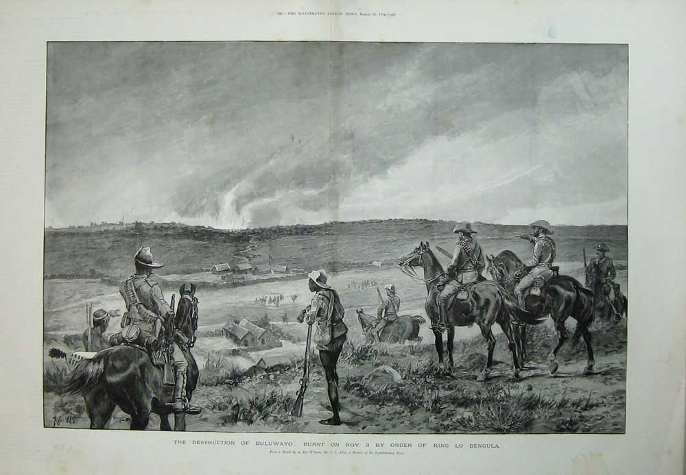 Old Antique Print 1894 Destruction Buluwayo King Bengula War Siers Art 19th