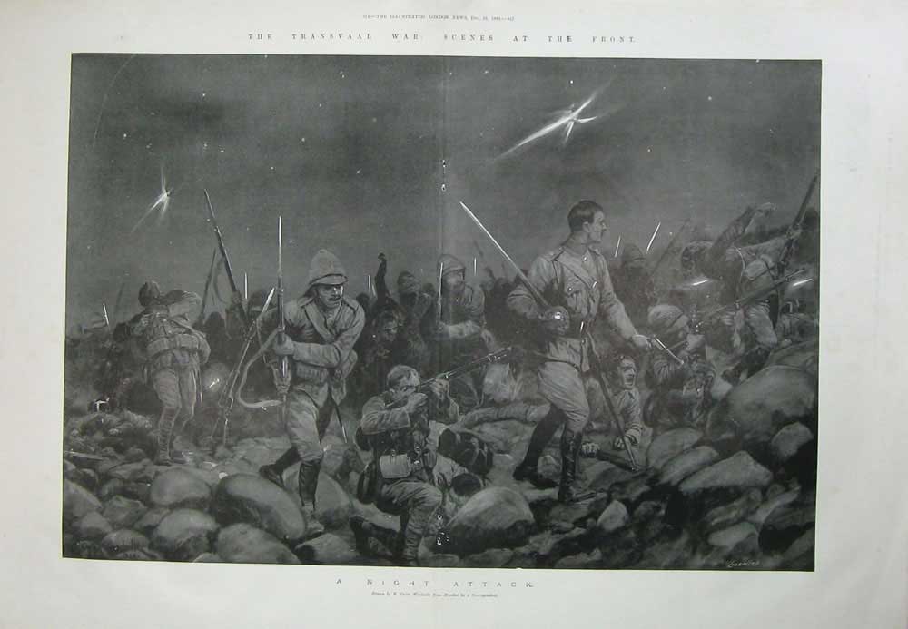 Original Old Antique Print 1899 Transvaal War Night Attack Siers Woodville Art