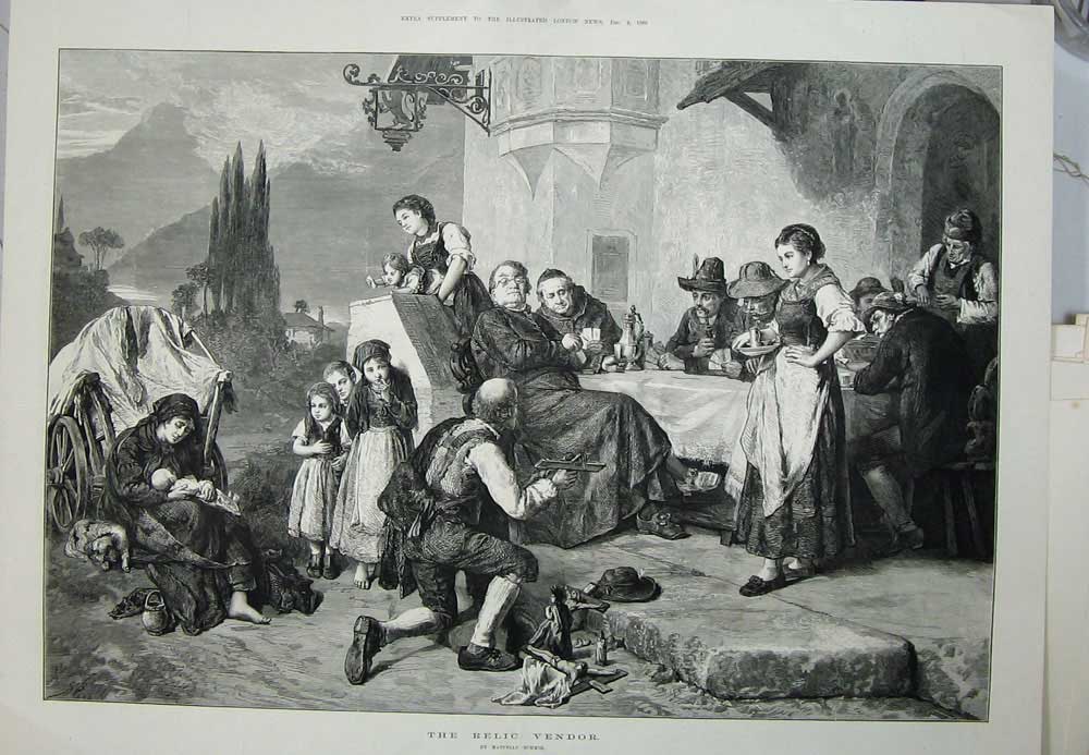 Antique Old Print 1880 Relic Vendor Man Selling Children People House Art 19th