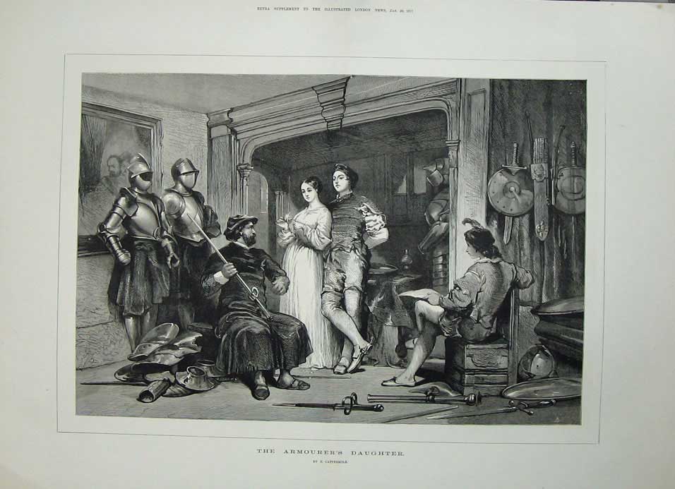 Original Old Antique Print 1877 Cattermole Fine Art Armourer'S Daughter Armour