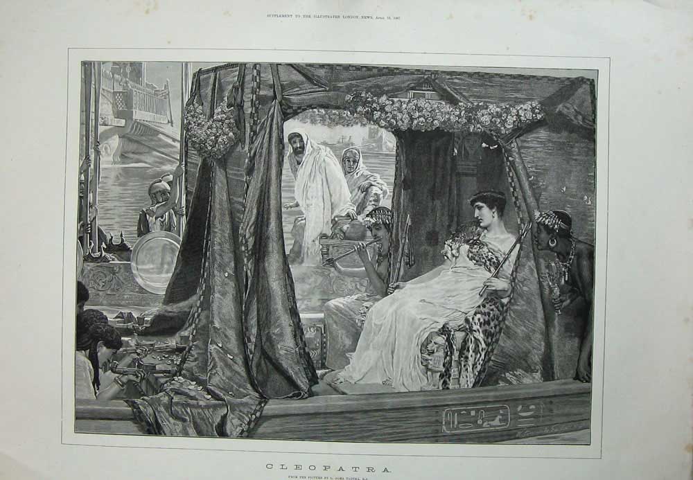 Old Antique Print 1887 Alma Tadema Fine Art Cleopatra River Boat Natives 19th