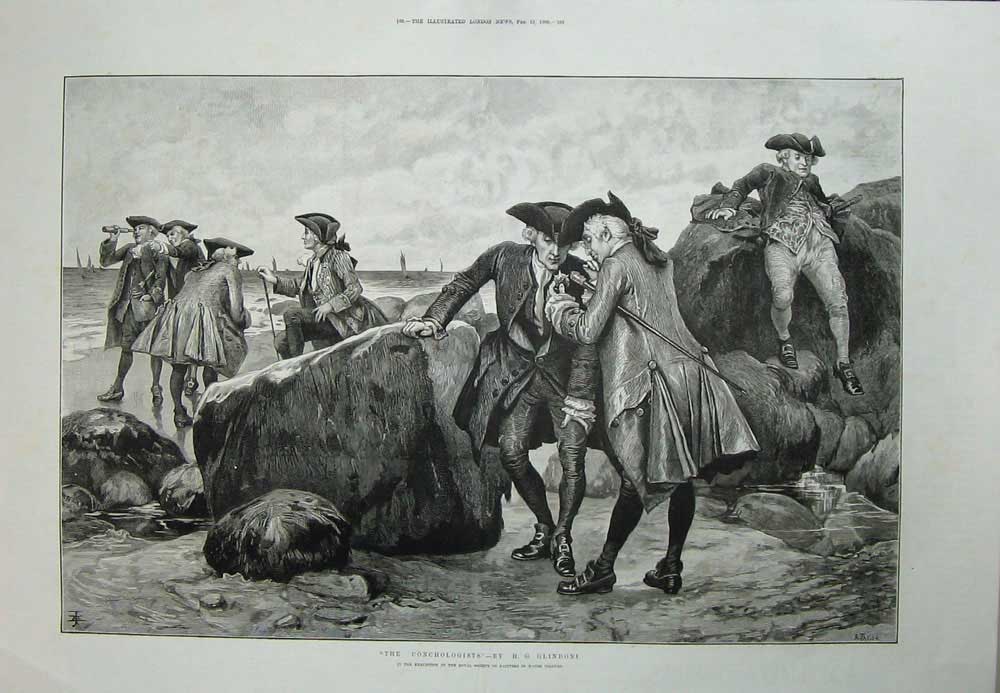 Original Old Antique Print 1886 Conchologists Men Uniform Sea Rocks Fine Art