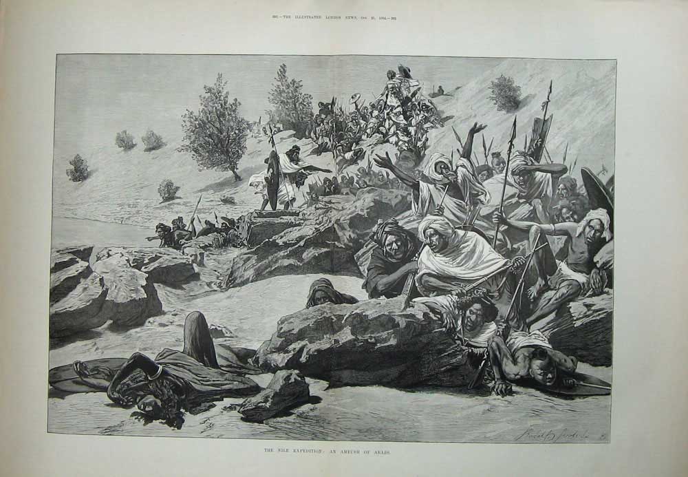 Old Antique Print Nile Expedition 1884 Ambush Arabs Battle Weapons Art 19th