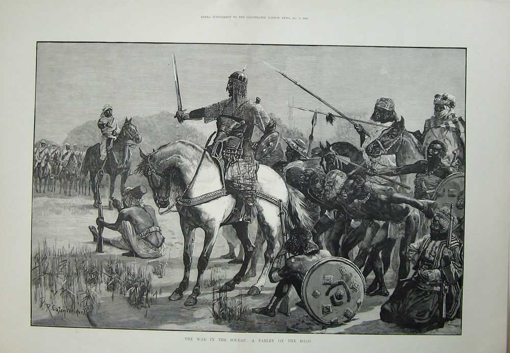 Old Antique Print War Soudan Parley 1883 Horses Warriors Woodville Art 19th