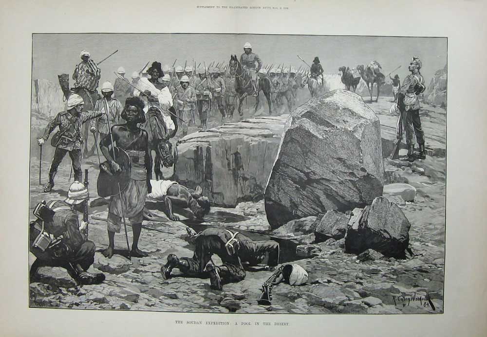 Old Antique Print 1884 Woodville Art Soudan War Water Pool Desert Army 19th