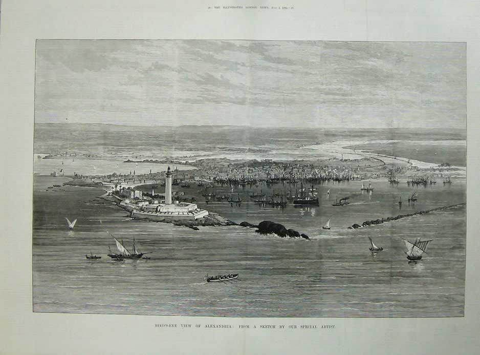 Antique Old Print 1882 Birds-Eye View Alexandria War Ships Lighthouse Art 19th