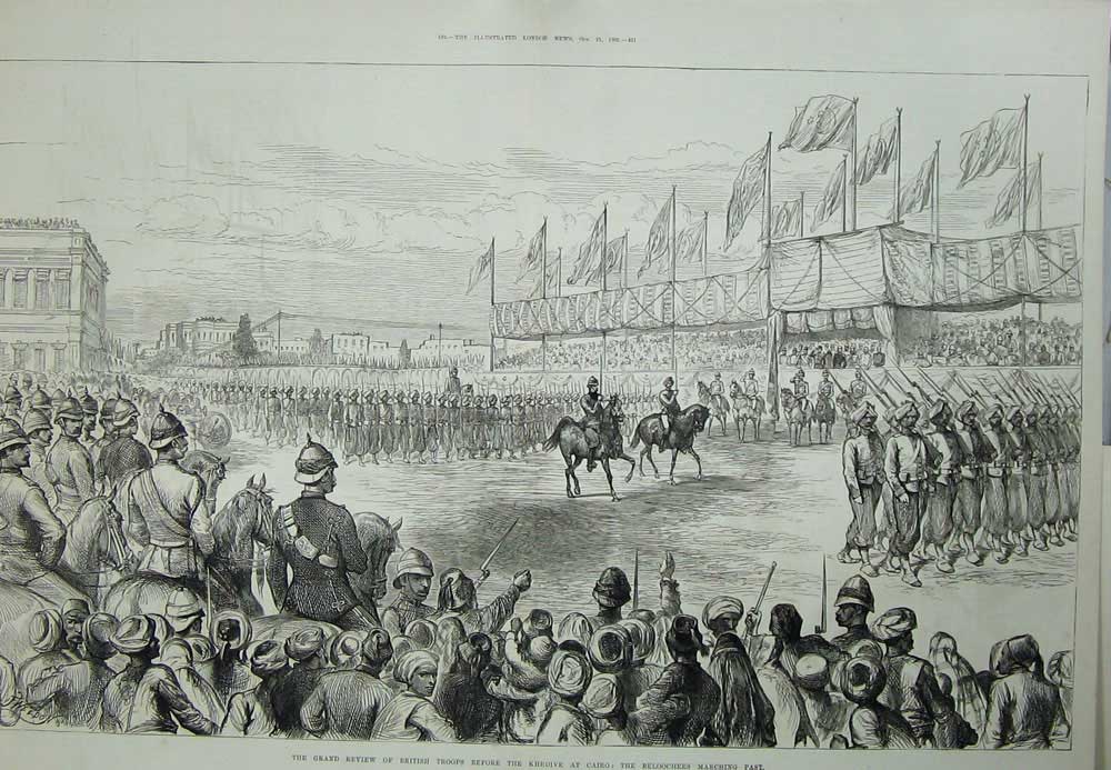 Original Old Antique Print 1882 British Siers Khedive Airo Beloochees Marching