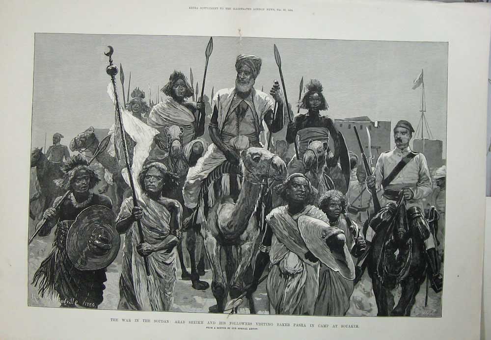 Old Antique Print 1884 War Soudan Arab Sheikh Baker Pasha Camp Souakim 19th