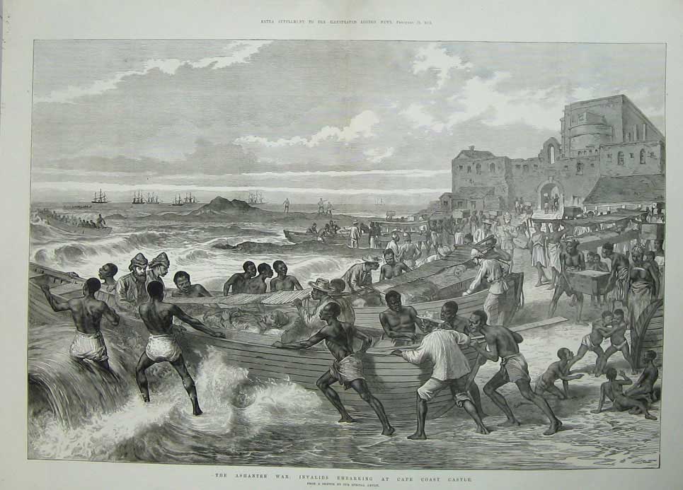 Antique Print *0281 1874 Ashantee War Invalids Embarking Cape Coast Castle