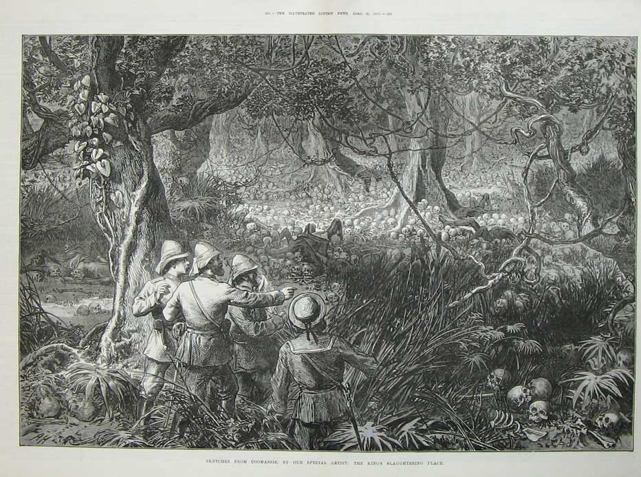 Old Antique Print 1874 Fine Art Coomassie King'S Slaughtering War Skulls 19th