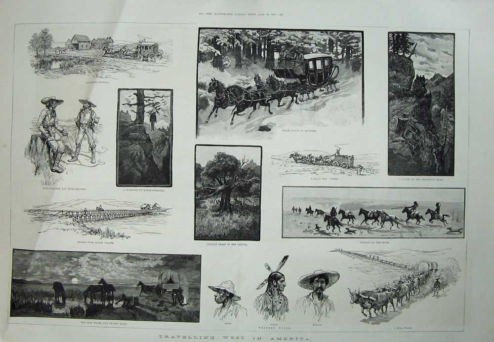 Antique Old Print 1887 Travelling America Indian Mexican Platte Coach Art 19th