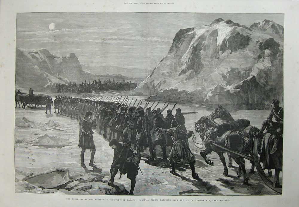 Old Antique Print Canada 1885 Colonial Troops Ice Nepigon Lake Superior 19th