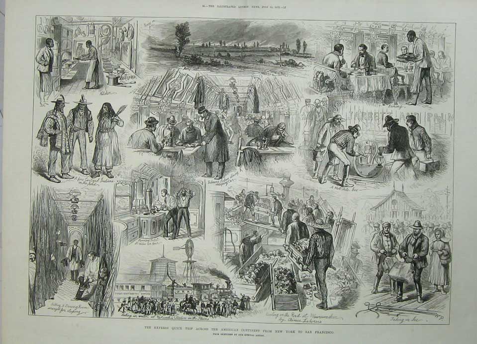 Original Old Antique Print 1876 Transport Train Railway America York Francisco