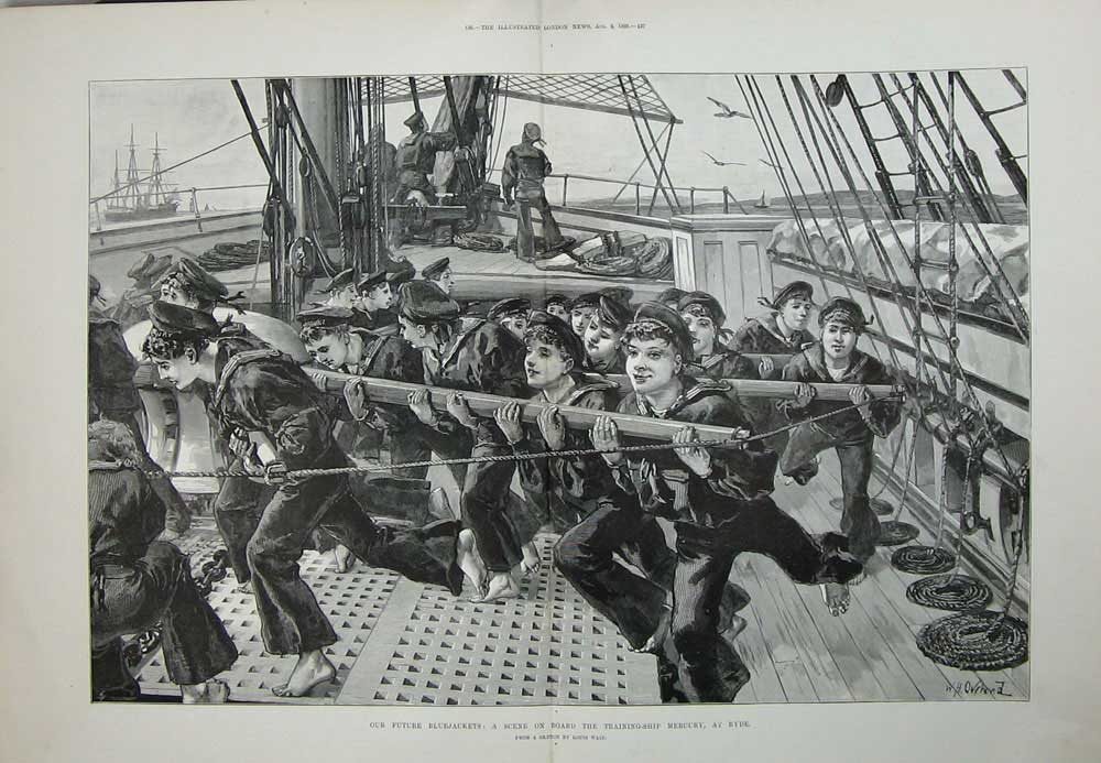 Old Antique Print 1888 Training Ship Mercury Ryde Bluejackets Young Boys 19th