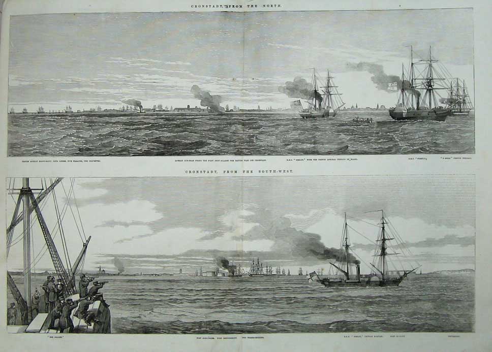 Old Antique Print 1855 Cronstadt Fort Alexander Ships Merlin Dragon War 19th