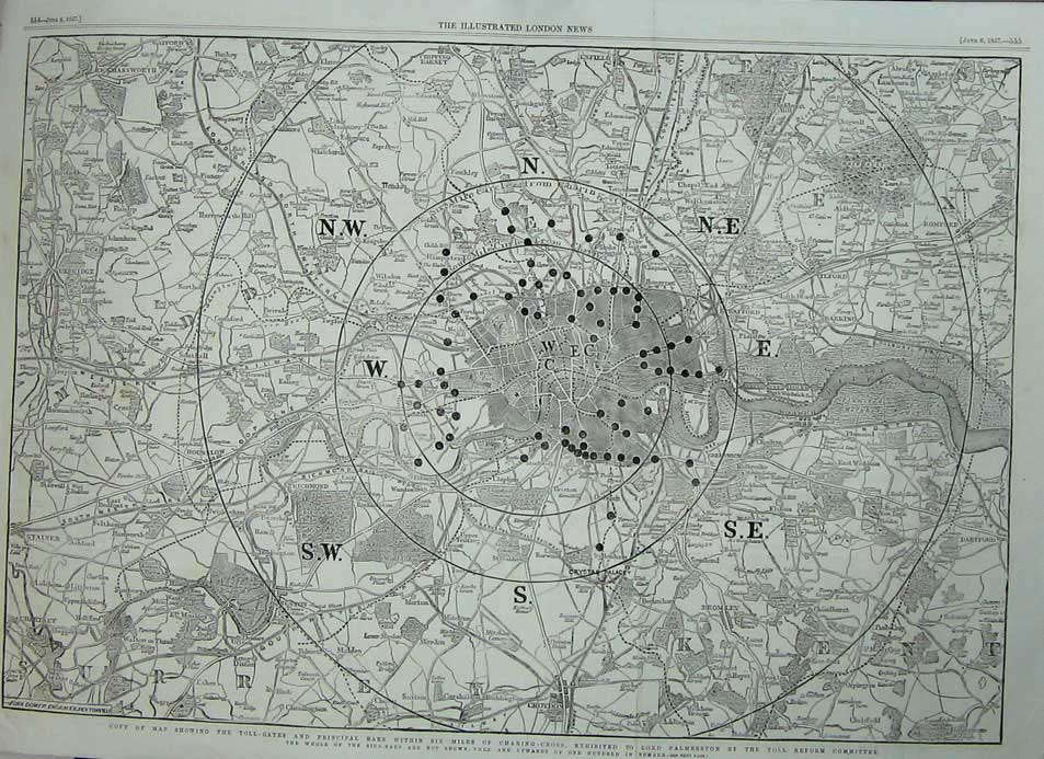 Old Antique Print Map Toll-Gates Bars Charing-Cross Palmerston Plan 1857 19th