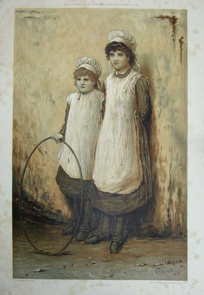 Original Old Antique Print 1884 Sepia Little Girls Playmates HoopVictorian