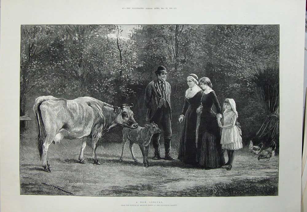 Old Antique Print 1883 Heywood Hardy Fine Art Country Animals Cow People 19th