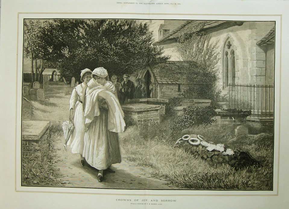 Old Antique Print 1884 Morris Fine Art Baby Christening Church Funeral 19th