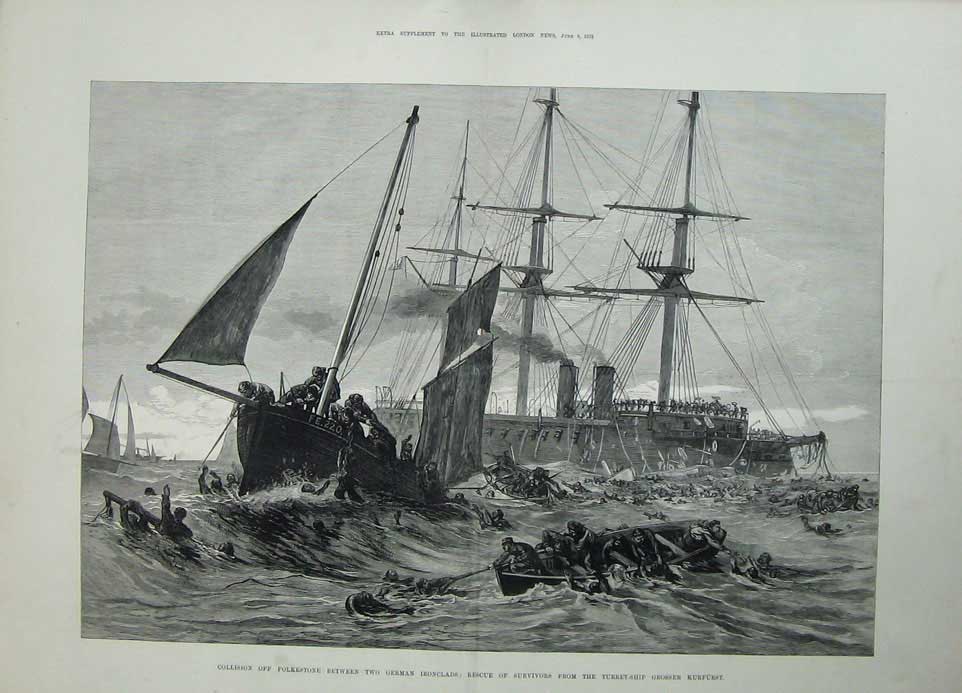 Antique Old Print 1878 Collision Folkestone German Ships Grosser Kurfurst 19th