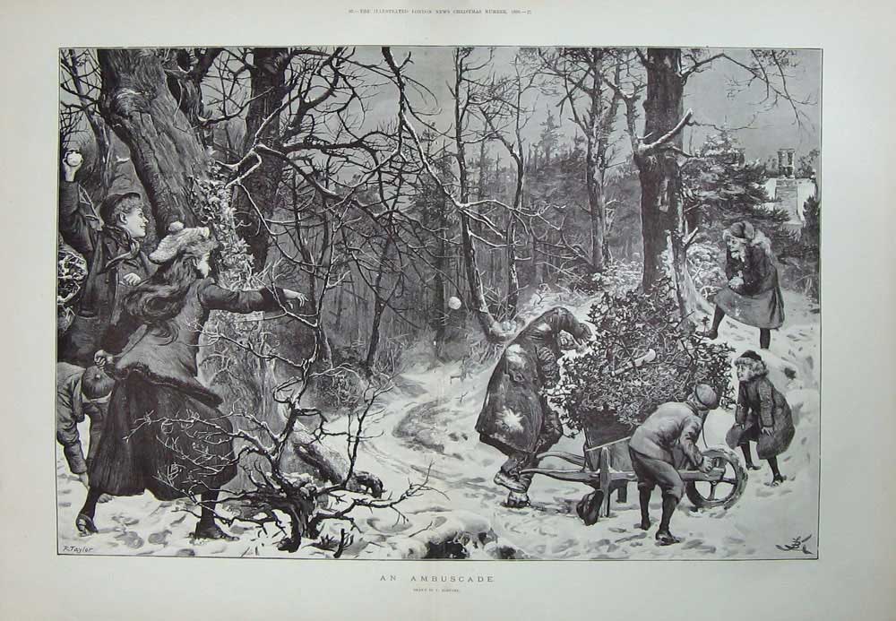 Old Antique Print 1893 Barnard Fine Art Snowball Fighting Winter Trees 19th