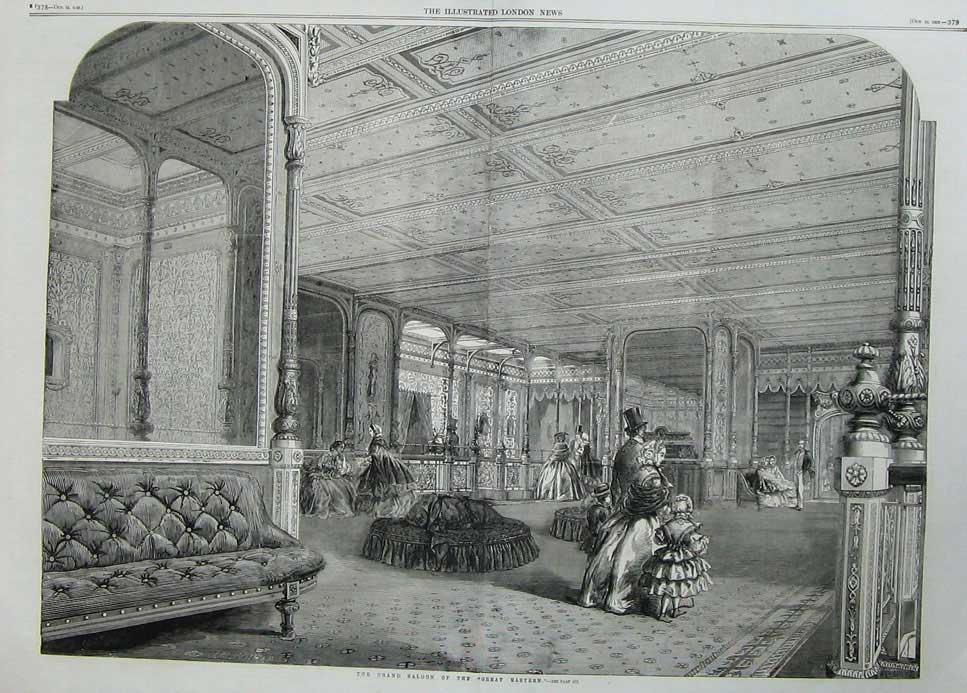 Antique Old Print 1859 Grand Saloon Great Eastern Passenger Ship Fine Art 19th