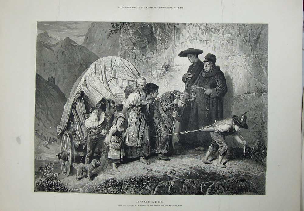 Old Antique Print 1879 Schmid Fine Art Homeless Family Dog Cart Children 19th