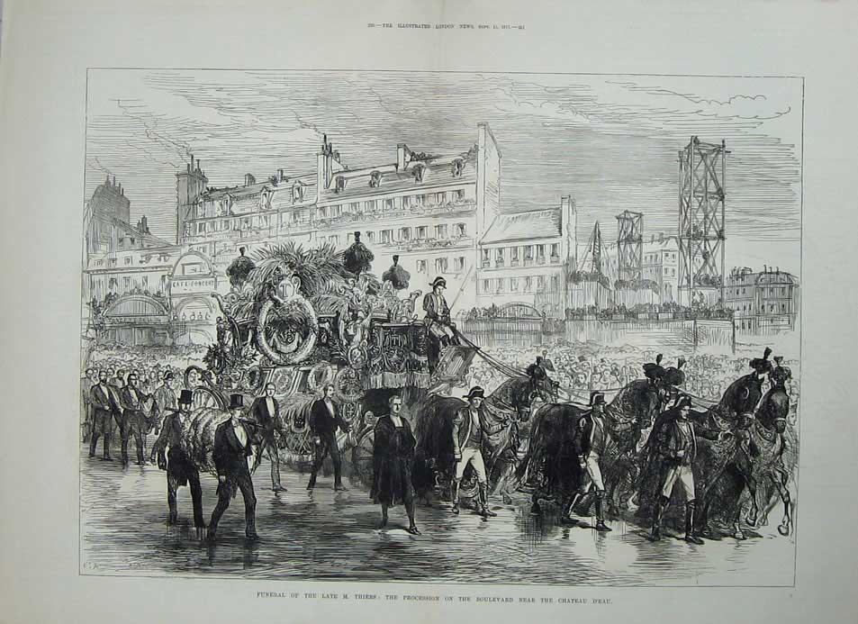 Old Antique Print Funeral Thiers 1877 Procession Boulevard Chateau D'Eau 19th