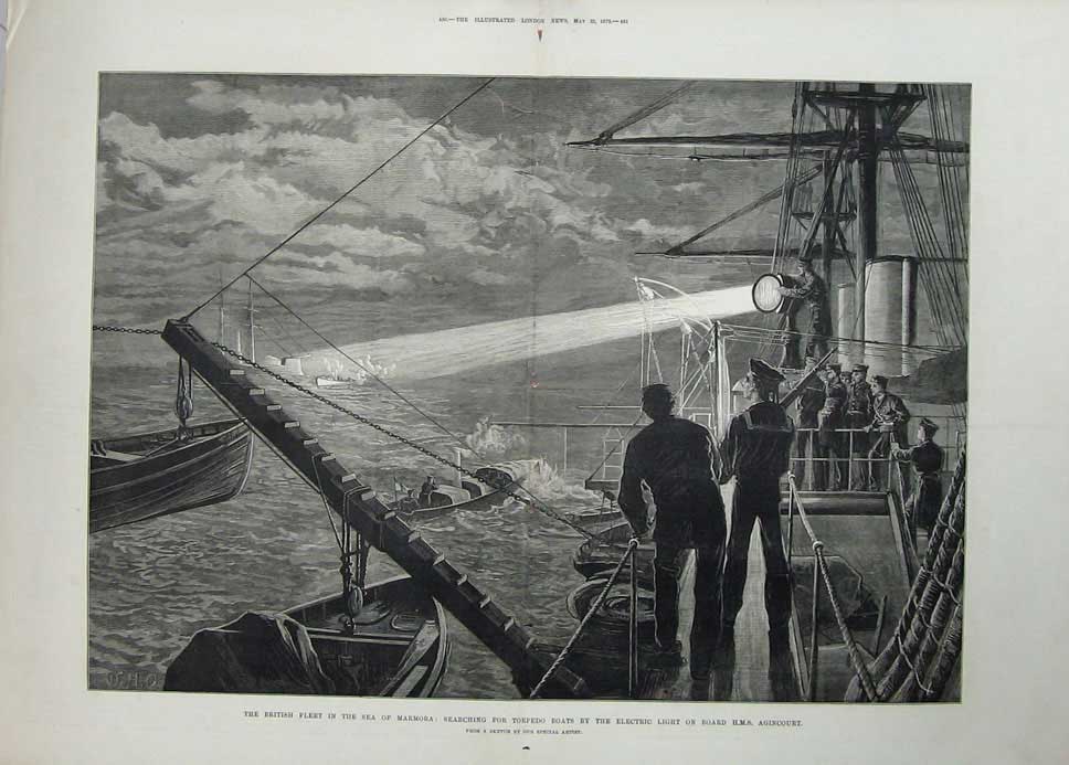 Old Antique Print 1878 British Ships Marmora Torpedo Light War Agincourt 19th