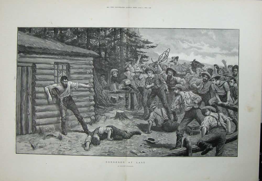 Original Old Antique Print Berkeley Fine Art 1892 Men Prisoners Log-Cabin Guns